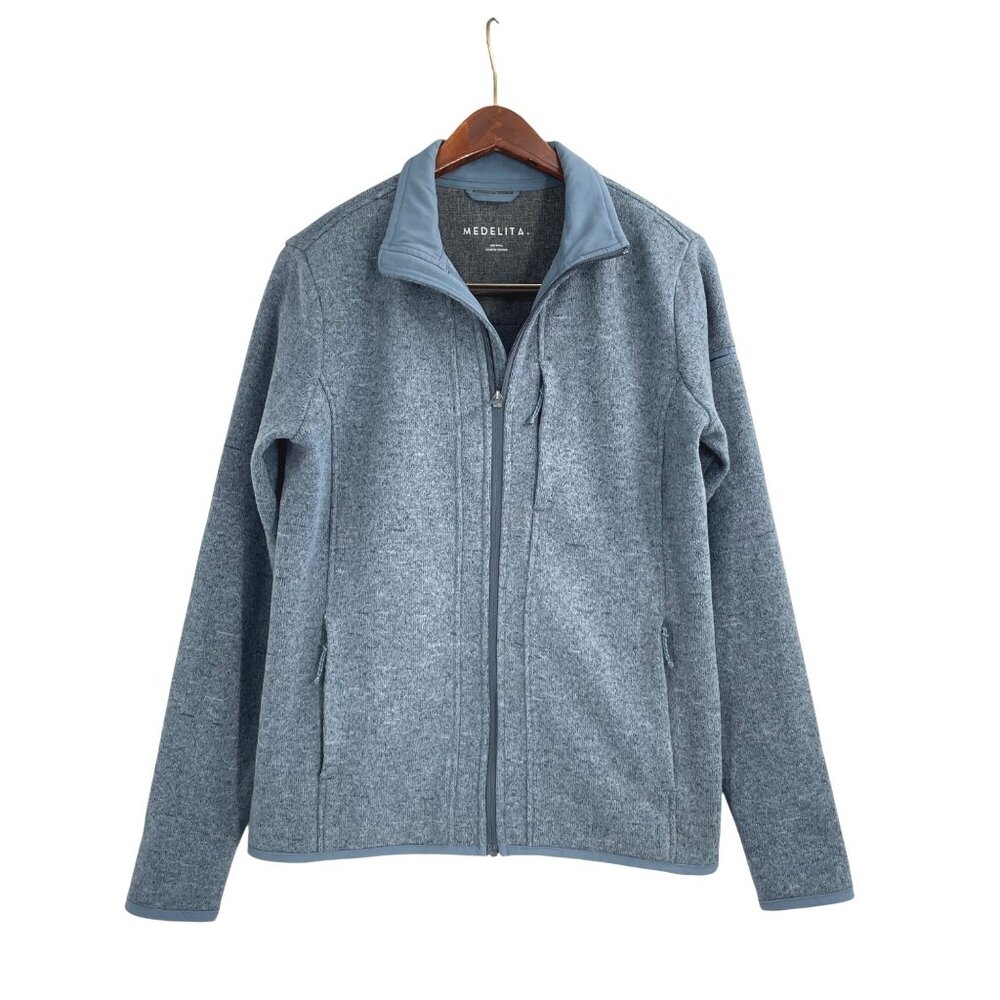 Medelita Womens Strata Sweater Fleece Scrub Jacket Womens Small Full Zip Blue